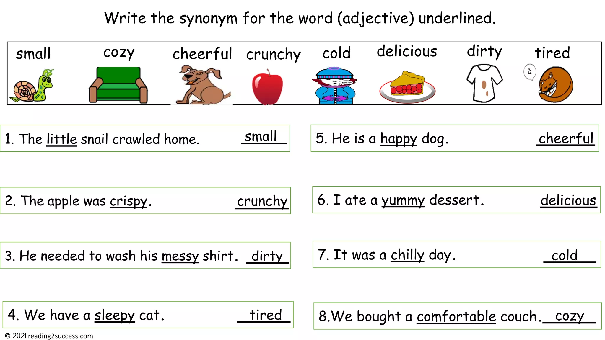 Write the synonym for the word (adjective) underlined.
small crunchy
3. He needed to wash his messy shirt.
4. We have a sleepy cat.
2. The apple was crispy.
tired
8.We bought a comfortable couch.
1. The little snail crawled home. 5. He is a happy dog.
6. I ate a yummy dessert.
7. It was a chilly day.
cozy cheerful dirty
delicious
cold
small
crunchy
dirty
tired
cheerful
delicious
cold
cozy
© reading2success.com
 