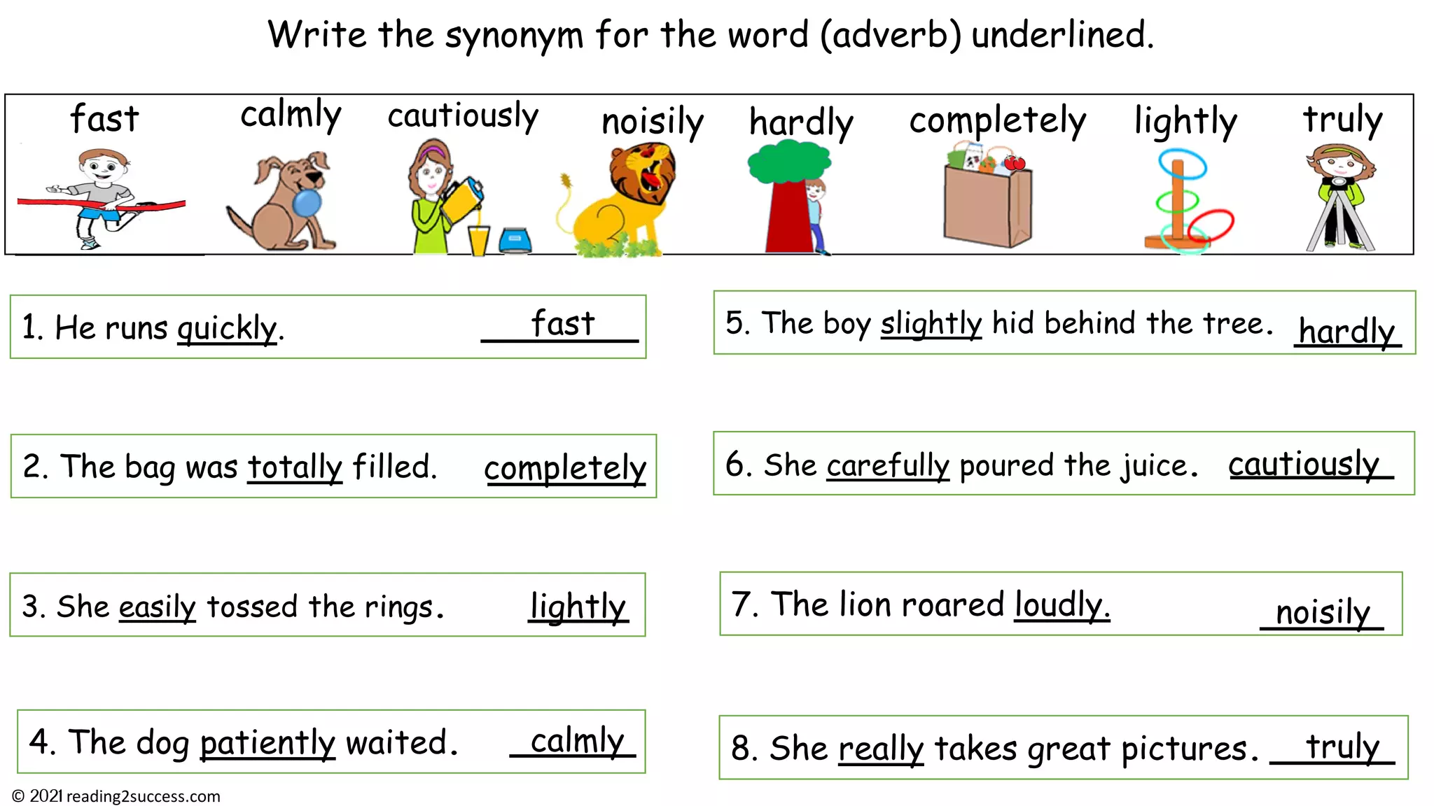 Write the synonym for the word (adverb) underlined.
3. She easily tossed the rings.
4. The dog patiently waited.
2. The bag was totally filled.
8. She really takes great pictures.
1. He runs quickly. 5. The boy slightly hid behind the tree.
6. She carefully poured the juice.
7. The lion roared loudly.
completely
fast calmly cautiously noisily hardly
fast
calmly
cautiously
noisily
hardly
completely
lightly
lightly
truly
truly
© reading2success.com
 
