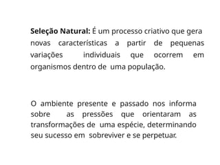 Seleção Natural: É um processo criativo que gera
novas características a partir de pequenas
variações individuais que ocorrem em
organismos dentro de uma população.
O ambiente presente e passado nos informa
sobre as pressões que orientaram as
transformações de uma espécie, determinando
seu sucesso em sobreviver e se perpetuar.
 