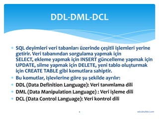 DDL-DML-DCL


SQL deyimleri veri tabanları üzerinde çeşitli işlemleri yerine
getirir. Veri tabanından sorgulama yapmak için
SELECT, ekleme yapmak için INSERT güncelleme yapmak için
UPDATE, silme yapmak için DELETE, yeni tablo oluşturmak
için CREATE TABLE gibi komutlara sahiptir.
Bu komutlar, işlevlerine göre şu şekilde ayrılır:
DDL (Data Definition Language): Veri tanımlama dili
DML (Data Manipulation Language) : Veri işleme dili
DCL (Data Control Language): Veri kontrol dili

                            4                          selcuktufekci.com
 