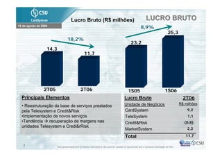 Lucro Bruto (R$ milhões)                                                   LUCRO BRUTO
16 de agosto de 2006
                                                                                                             8,9%
                                                                                                                                        25,3
                                    18,2%
                                                                                                   23,2
                   14,3
                                                    11,7




                 2T05                            2T06                                         1S05                                   1S06
  Principais Elementos                                                                       Lucro Bruto                                           2T06
                                                                                             Unidade de Negócios                                 R$ milhões
  • Reestruturação da base de serviços prestados
  pela Telesystem e Credit&Risk                                                              CardSystem                                              9,2
  •Implementação de novos serviços                                                           TeleSystem                                              1,1
  •Tendência    recuperação de margens nas                                                   Credit&Risk                                           (0,8)
  unidades Telesystem e Credi&rRisk
                                                                                             MarketSystem                                            2,2

                                                                                             Total                                                  11,7

   7                      Esta apresentação tem os direitos reservados e não pode ser copiada ou reproduzida sem a expressa autorização da CSU
 