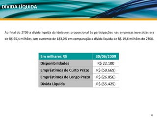 DÍVIDA LÍQUIDA



 Ao final do 2T09 a dívida líquida da Ideiasnet proporcional às  participações  nas  empresas  investidas era 
 de R$ 55,4 milhões, um aumento de 183,0% em comparação a dívida líquida de R$ 19,6 milhões do 2T08. 




                          Em milhares R$                          30/06/2009
                          Disponibilidades                          R$ 22.100
                          Empréstimos de Curto Prazo               R$ (50.669)
                          Empréstimos de Longo Prazo               R$ (26.856)
                          Dívida Líquida                           R$ (55.425)




                                                                                                           13
 