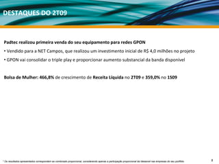 DESTAQUES DO 2T09


 Padtec realizou primeira venda do seu equipamento para redes GPON
 • Vendido para a NET Campos, que realizou um investimento inicial de R$ 4,0 milhões no projeto
 • GPON vai consolidar o triple play e proporcionar aumento substancial da banda disponível 


 Bolsa de Mulher: 466,8% de crescimento de Receita Líquida no 2T09 e 359,0% no 1S09




* Os resultados apresentados correspondem ao combinado proporcional, considerando apenas a participação proporcional da Ideiasnet nas empresas do seu portfólio   2
 