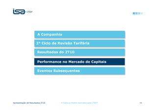 A Companhia

                      2° Ciclo de Revisão Tarifária

                       Resultados do 2T10

                       Performance no Mercado de Capitais

                       Eventos Subsequentes




Apresentação de Resultados 2T10    © Todos os direitos reservados para CTEEP   14
 