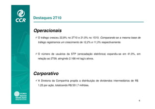 Destaques 2T10


Operacionais
  O tráfego cresceu 22,8% no 2T10 e 21,0% no 1S10. Comparando-se a mesma base de
  tráfego registramos um crescimento de 12,2% e 11,3% respectivamente.



  O número de usuários da STP (arrecadação eletrônica) expandiu-se em 41,0%, em
  relação ao 2T09, atingindo 2.168 mil tag’s ativos.




Corporativo
  A Diretoria da Companhia propôs a distribuição de dividendos intermediários de R$
  1,25 por ação, totalizando R$ 551,7 milhões.




                                                                                      4
 