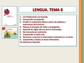 LENGUA. TEMA 8
1.
1.
2.
2.
3.
3.

Lee fluidamente una leyenda.
Lee fluidamente una leyenda.
Comprende una leyenda.
Compren...