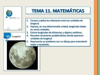 TEMA 11. MATEMÁTICAS
TEMA 11. MATEMÁTICAS
1. Conoce y aplica las relaciones entre las unidades de
1. Conoce y aplica las r...