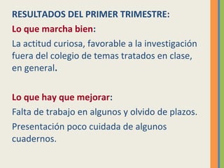 RESULTADOS DEL PRIMER TRIMESTRE:
Lo que marcha bien:
La actitud curiosa, favorable a la investigación
fuera del colegio de...