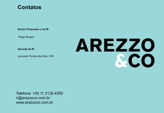 Contatos
Thiago Borges
Leonardo Pontes dos Reis, CFA
Telefone: +55 11 2132-4300
ri@arezzoco.com.br
www.arezzoco.com.br
Diretor Financeiro e de RI
Gerente de RI
 