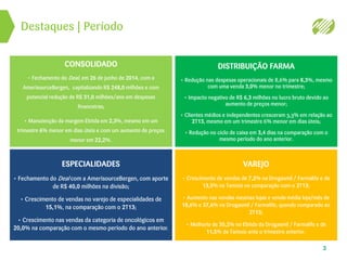 Destaques | Período
3
CONSOLIDADO
• Fechamento do Deal, em 26 de junho de 2014, com a
AmerisourceBergen, capitalizando R$ 248,0 milhões e com
potencial redução de R$ 31,0 milhões/ano em despesas
financeiras;
• Manutenção da margem Ebitda em 2,3%, mesmo em um
trimestre 6% menor em dias úteis e com um aumento de preços
menor em 22,2%.
VAREJO
• Crescimento de vendas de 7,2% na Drogasmil / Farmalife e de
13,5% na Tamoio na comparação com o 2T13;
• Aumento nas vendas mesmas lojas e venda média loja/mês de
18,6% e 37,6% na Drogasmil / Farmalife, quando comparado ao
2T13;
• Melhoria de 35,2% no Ebitda da Drogasmil / Farmalife e de
11,5% da Tamoio ante o trimestre anterior.
ESPECIALIDADES
• Fechamento do Deal com a AmerisourceBergen, com aporte
de R$ 40,0 milhões na divisão;
• Crescimento de vendas no varejo de especialidades de
15,1%, na comparação com o 2T13;
• Crescimento nas vendas da categoria de oncológicos em
20,0% na comparação com o mesmo período do ano anterior.
DISTRIBUIÇÃO FARMA
• Redução nas despesas operacionais de 8,6% para 8,3%, mesmo
com uma venda 3,0% menor no trimestre;
• Impacto negativo de R$ 6,3 milhões no lucro bruto devido ao
aumento de preços menor;
• Clientes médios e independentes cresceram 3,3% em relação ao
2T13, mesmo em um trimestre 6% menor em dias úteis;
• Redução no ciclo de caixa em 3,4 dias na comparação com o
mesmo período do ano anterior.
 