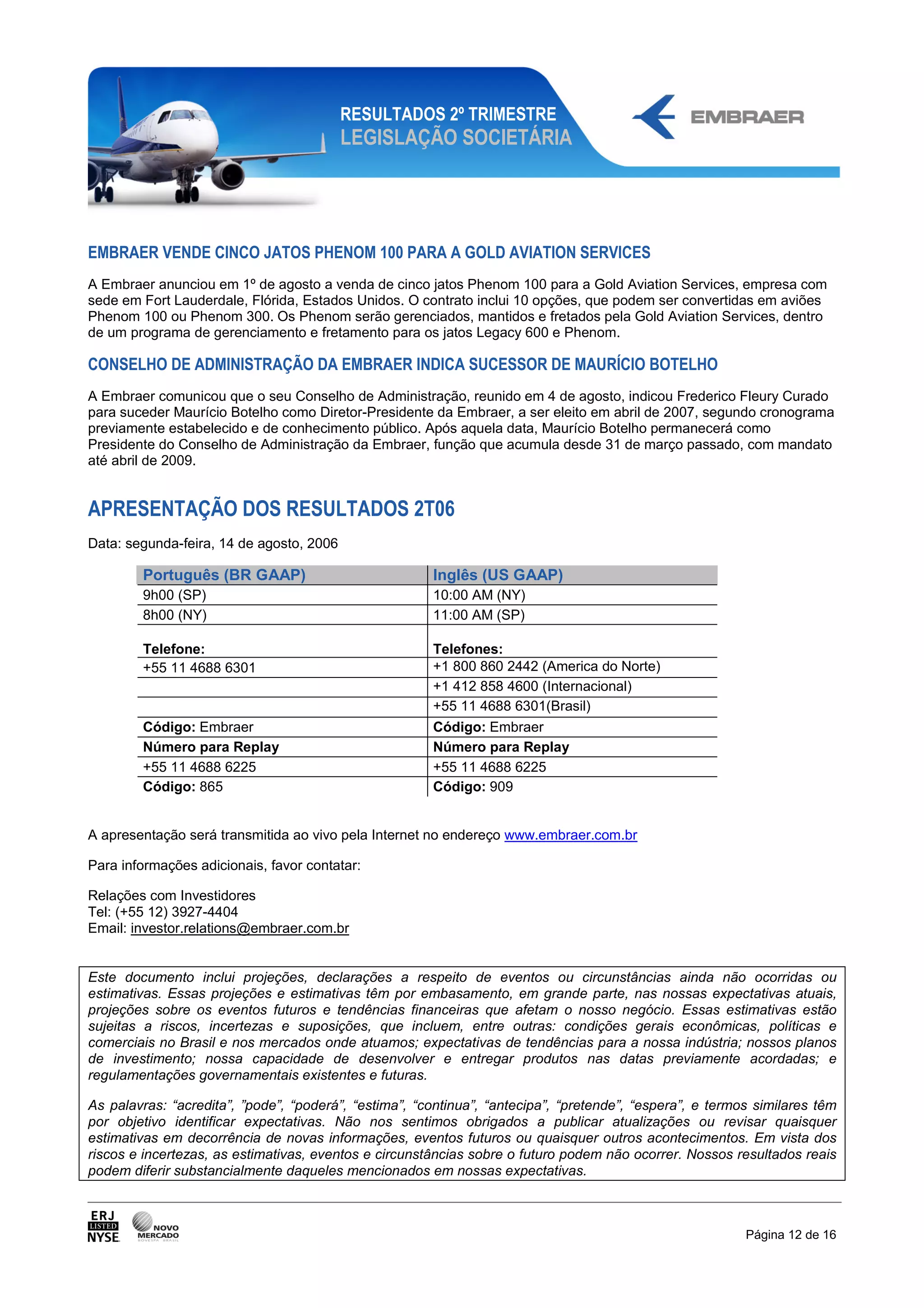 RESULTADOS 2º TRIMESTRE
                                          LEGISLAÇÃO SOCIETÁRIA




EMBRAER VENDE CINCO JATOS PHENOM 100 PARA A GOLD AVIATION SERVICES
A Embraer anunciou em 1º de agosto a venda de cinco jatos Phenom 100 para a Gold Aviation Services, empresa com
sede em Fort Lauderdale, Flórida, Estados Unidos. O contrato inclui 10 opções, que podem ser convertidas em aviões
Phenom 100 ou Phenom 300. Os Phenom serão gerenciados, mantidos e fretados pela Gold Aviation Services, dentro
de um programa de gerenciamento e fretamento para os jatos Legacy 600 e Phenom.

CONSELHO DE ADMINISTRAÇÃO DA EMBRAER INDICA SUCESSOR DE MAURÍCIO BOTELHO
A Embraer comunicou que o seu Conselho de Administração, reunido em 4 de agosto, indicou Frederico Fleury Curado
para suceder Maurício Botelho como Diretor-Presidente da Embraer, a ser eleito em abril de 2007, segundo cronograma
previamente estabelecido e de conhecimento público. Após aquela data, Maurício Botelho permanecerá como
Presidente do Conselho de Administração da Embraer, função que acumula desde 31 de março passado, com mandato
até abril de 2009.


APRESENTAÇÃO DOS RESULTADOS 2T06
Data: segunda-feira, 14 de agosto, 2006

        Português (BR GAAP)                            Inglês (US GAAP)
        9h00 (SP)                                      10:00 AM (NY)
        8h00 (NY)                                      11:00 AM (SP)

        Telefone:                                      Telefones:
        +55 11 4688 6301                               +1 800 860 2442 (America do Norte)
                                                       +1 412 858 4600 (Internacional)
                                                       +55 11 4688 6301(Brasil)
        Código: Embraer                                Código: Embraer
        Número para Replay                             Número para Replay
        +55 11 4688 6225                               +55 11 4688 6225
        Código: 865                                    Código: 909


A apresentação será transmitida ao vivo pela Internet no endereço www.embraer.com.br

Para informações adicionais, favor contatar:

Relações com Investidores
Tel: (+55 12) 3927-4404
Email: investor.relations@embraer.com.br


Este documento inclui projeções, declarações a respeito de eventos ou circunstâncias ainda não ocorridas ou
estimativas. Essas projeções e estimativas têm por embasamento, em grande parte, nas nossas expectativas atuais,
projeções sobre os eventos futuros e tendências financeiras que afetam o nosso negócio. Essas estimativas estão
sujeitas a riscos, incertezas e suposições, que incluem, entre outras: condições gerais econômicas, políticas e
comerciais no Brasil e nos mercados onde atuamos; expectativas de tendências para a nossa indústria; nossos planos
de investimento; nossa capacidade de desenvolver e entregar produtos nas datas previamente acordadas; e
regulamentações governamentais existentes e futuras.

As palavras: “acredita”, ”pode”, “poderá”, “estima”, “continua”, “antecipa”, “pretende”, “espera”, e termos similares têm
por objetivo identificar expectativas. Não nos sentimos obrigados a publicar atualizações ou revisar quaisquer
estimativas em decorrência de novas informações, eventos futuros ou quaisquer outros acontecimentos. Em vista dos
riscos e incertezas, as estimativas, eventos e circunstâncias sobre o futuro podem não ocorrer. Nossos resultados reais
podem diferir substancialmente daqueles mencionados em nossas expectativas.



                                                                                                          Página 12 de 16
 