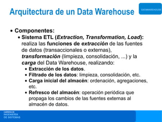 Arquitectura de un Data Warehouse                            DATAWAREHOUSE




     • Componentes:
             • Sistema ETL (Extraction, Transformation, Load):
               realiza las funciones de extracción de las fuentes
               de datos (transaccionales o externas),
               transformación (limpieza, consolidación, ...) y la
               carga del Data Warehouse, realizando:
               • Extracción de los datos.
               • Filtrado de los datos: limpieza, consolidación, etc.
               • Carga inicial del almacén: ordenación, agregaciones,
                 etc.
               • Refresco del almacén: operación periódica que
                 propaga los cambios de las fuentes externas al
                 almacén de datos.
CARRERA DE
INGENIERÍA
DE SISTEMAS
 