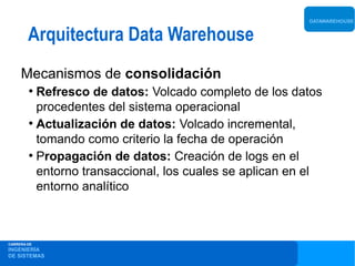 DATAWAREHOUSE


        Arquitectura Data Warehouse
     Mecanismos de consolidación
        ●
          Refresco de datos: Volcado completo de los datos
          procedentes del sistema operacional
        ●
          Actualización de datos: Volcado incremental,
          tomando como criterio la fecha de operación
        ●
          Propagación de datos: Creación de logs en el
          entorno transaccional, los cuales se aplican en el
          entorno analítico



CARRERA DE
INGENIERÍA
DE SISTEMAS
 