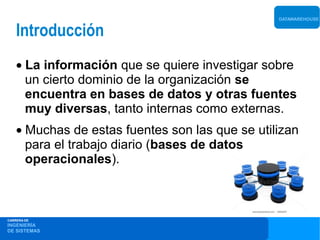 DATAWAREHOUSE


    Introducción
    • La información que se quiere investigar sobre
      un cierto dominio de la organización se
      encuentra en bases de datos y otras fuentes
      muy diversas, tanto internas como externas.
    • Muchas de estas fuentes son las que se utilizan
      para el trabajo diario (bases de datos
      operacionales).



CARRERA DE
INGENIERÍA
DE SISTEMAS
 
