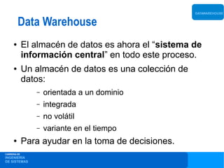 DATAWAREHOUSE


         Data Warehouse
     ●       El almacén de datos es ahora el “sistema de
             información central” en todo este proceso.
     ●       Un almacén de datos es una colección de
             datos:
                –   orientada a un dominio
                –   integrada
                –   no volátil
                –   variante en el tiempo
     ●       Para ayudar en la toma de decisiones.
CARRERA DE
INGENIERÍA
DE SISTEMAS
 