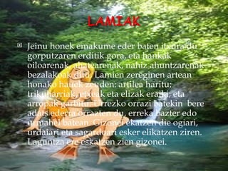    Jeinu honek emakume eder baten itxura du
    gorputzaren erditik gora, eta hankak
    oiloarenak, ahatearenak, nahiz ahuntzarenak
    bezalakoak ditu. Lamien zereginen artean
    honako hauek zeuden: artilea haritu;
    trikuharriak, etxeak eta elizak eraiki; eta
    arropak garbitu. Urrezko orrazi batekin bere
    adats ederra orrazten du, erreka bazter edo
    urmahel batean. Gizonei ekatzen die ogiari,
    urdaiari eta sagardoari esker elikatzen ziren.
    Laguntza ere eskatzen zien gizonei.
 