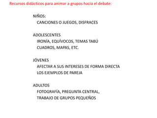 Recursos didácticos para animar a grupos hacia el debate:NIÑOS: 	CANCIONES O JUEGOS, DISFRACESADOLESCENTES	IRONÍA, EQUÍVOCOS, TEMAS TABÚ	CUADROS, MAPAS, ETC.JÓVENES	AFECTAR A SUS INTERESES DE FORMA DIRECTA	LOS EJEMPLOS DE PAREJAADULTOS	FOTOGRAFÍA, PREGUNTA CENTRAL, 	TRABAJO DE GRUPOS PEQUEÑOS