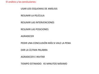 El análisis y las conclusiones:USAR LOS ESQUEMAS DE ANÁLISISRESUMIR LA PELÍCULARESUMIR LAS INTERVENCIONESRESUMIR LAS POSICIONESAGRADECERPEDIR UNA CONCLUSIÓN MÁS SI VALE LA PENADAR LA ÚLTIMA PALABRAAGRADECER E INVITAR TIEMPO ESTIMADO:  45 MINUTOS MÁXIMO