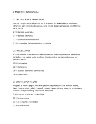 2 TALLER EN CLASE (RAUL)
21 OBLIGLACIONES FINANCIERAS
son los compromisos adquiridos por la empresa por concepto de préstamos
obtenidos con entidades bancarias, cuyo monto deberá cancelarse en el término
de la deuda
2105 bancos nacionales
2110 bancos exteriores
2115 corporaciones financieras
2120 compañías de financiamiento comercial
22 PROVEEDORES
Es una persona o una empresa que abastece a otras empresas con existencias
(artículos), los cuales serán vendidos directamente o transformados para su
posterior venta.
2205 nacionales
2210 del exterior
2015 cuentas corrientes comerciales
2020 casa matriz
23 CUENTAS POR PAGAR
Registra el valor a pagar a los trabajadores originados en una relación laboral,
tales como sueldos, salario integral, jornales, horas extras y recargos, comisiones,
viáticos, incapacidades y subsidio de transporte.
2305 cuentas corrientes comerciales
2310 a casa matriz
2315 a compañías vinculadas
2320 a contratistas
 