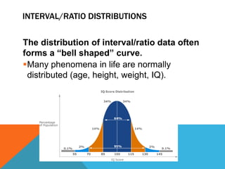 INTERVAL/RATIO DISTRIBUTIONS
The distribution of interval/ratio data often
forms a “bell shaped” curve.
Many phenomena in life are normally
distributed (age, height, weight, IQ).
 