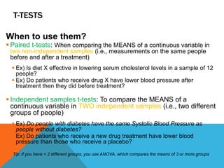 T-TESTS
When to use them?
 Paired t-tests: When comparing the MEANS of a continuous variable in
two non-independent samples (i.e., measurements on the same people
before and after a treatment)
 Ex) Is diet X effective in lowering serum cholesterol levels in a sample of 12
people?
 Ex) Do patients who receive drug X have lower blood pressure after
treatment then they did before treatment?
 Independent samples t-tests: To compare the MEANS of a
continuous variable in TWO independent samples (i.e., two different
groups of people)
 Ex) Do people with diabetes have the same Systolic Blood Pressure as
people without diabetes?
 Ex) Do patients who receive a new drug treatment have lower blood
pressure than those who receive a placebo?
Tip: if you have > 2 different groups, you use ANOVA, which compares the means of 3 or more groups
 