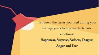 List down the terms you used during your
teenage years to express the 6 basic
emotions:
Happiness, Surprise, Sadness, Disgust,
Anger and Fear
 