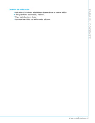 Criterios de evaluación




                                                                                                        PARA EL DOCENTE
     • Aplica los conocimientos adquiridos en el desarrollo de un material gráfico.
     • Trabaja en forma responsable y ordenada.
     • Sigue las instrucciones dadas.
     • Completa la actividad con la información solicitada.




                                                                                      www.codelcoeduca.cl
 