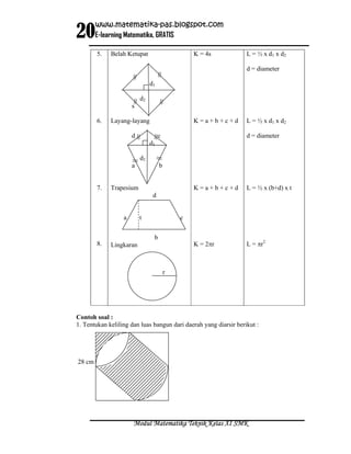 20
        www.matematika-pas.blogspot.com
        E-learning Matematika, GRATIS

        5.   Belah Ketupat                      K = 4s            L = ½ x d1 x d2

                                                                  d = diameter

                               d1

                          d2
                      s

        6.   Layang-layang                      K=a+b+c+d         L = ½ x d1 x d2

                      d             c                             d = diameter
                               d1

                          d2
                      a             b


        7.   Trapesium                          K=a+b+c+d         L = ½ x (b+d) x t
                                d


                  a       t                 c


                                b
        8.   Lingkaran                          K = 2πr           L = πr2



                                        r




Contoh soal :
1. Tentukan keliling dan luas bangun dari daerah yang diarsir berikut :




28 cm




                      Modul Matematika Teknik Kelas XI SMK
 