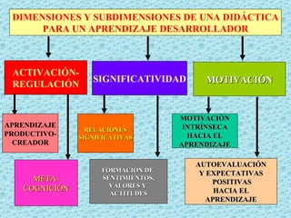 DIMENSIONES Y SUBDIMENSIONES DE UNA DIDÁCTICA PARA UN APRENDIZAJE DESARROLLADOR ACTIVACIÓN- REGULACIÓN SIGNIFICATIVIDAD MOTIVACIÓN APRENDIZAJE PRODUCTIVO- CREADOR META- COGNICIÓN RELACIONES SIGNIFICATIVAS FORMACIÓN DE  SENTIMIENTOS, VALORES Y  ACTITUDES MOTIVACIÓN INTRÍNSECA HACIA EL APRENDIZAJE AUTOEVALUACIÓN Y EXPECTATIVAS POSITIVAS HACIA EL APRENDIZAJE 