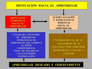 MOTIVACIÓN  HACIA  EL  APRENDIZAJE MOTIVACIÓN INTRÍNSECA HACIA  EL APRENDIZAJE AUTOEVALUACIÓN Y  EXPECTATIVAS POSITIVAS HACIA  EL APRENDIZAJE VALOR  DEL  CONTENIDO  DE  APRENDIZAJE ESTRATEGIAS  DE APRENDIZAJE  QUE  CONDUCE AL  ÉXITO INDEPENDENCIA NIVEL  DE  DESAFÍO  EN LAS ACTIVIDADES ESTIMULACIÓN CONOCIMIENTO  DE  SÍ SEGURIDAD  DE  SÍ ESFUERZO  POR  APRENDER DISPOSICIÓN A  HACER  Y LOGRAR APRENDIZAJE  DESEADO  E  INDEPENDIENTE 