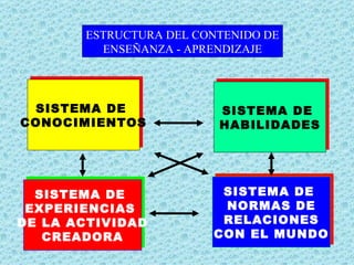 SISTEMA DE  CONOCIMIENTOS SISTEMA DE  HABILIDADES SISTEMA DE  EXPERIENCIAS  DE LA ACTIVIDAD CREADORA SISTEMA DE  NORMAS DE RELACIONES  CON EL MUNDO ESTRUCTURA DEL CONTENIDO DE ENSEÑANZA - APRENDIZAJE 