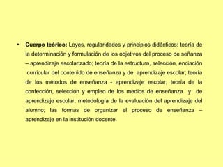 Cuerpo teórico:  Leyes, regularidades y principios didácticos; teoría de la determinación y formulación de los objetivos del proceso de señanza – aprendizaje escolarizado; teoría de la estructura, selección, enciación  curricular del contenido de enseñanza y de  aprendizaje escolar; teoría de los métodos de enseñanza - aprendizaje escolar; teoría de la confección, selección y empleo de los medios de enseñanza  y  de aprendizaje escolar; metodología de la evaluación del aprendizaje del alumno; las formas de organizar el proceso de enseñanza – aprendizaje en la institución docente. 