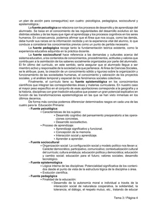 Tema 3 / Página 4
un plan de acción para conseguirlos) son cuatro: psicológica, pedagógica, sociocultural y
epistemológica.:
La fuente psicológica se relaciona con los procesos de desarrollo y de aprendizaje del
alumnado. Se basa en el conocimiento de las regularidades del desarrollo evolutivo en las
distintas edades y de las leyes que rigen el aprendizaje y los procesos cognitivos en los seres
humanos. En consecuencia, podemos afirmar que el Área que nos ocupa, como las demás,
debe hundir sus raíces en la información recibida y en la experiencia vital del alumno, lo que
conduce a considerar los conocimientos previos como un punto de partida necesario.
La fuente pedagógica recoge tanto la fundamentación teórica existente, como la
experiencia educativa adquirida en la práctica docente.
La fuente sociocultural hace referencia a las demandas y culturales acerca del
sistema educativo, a los contenidos de conocimientos, procedimientos, actitudes y valores que
contribuyen a la asimilación de los saberes socialmente organizados por parte del alumnado.
El fin último del currículo, en este sentido, sería asegurar que el alumnado llegue a ser
miembro activo y responsable de la sociedad a la que pertenece. Al Área de Ciencias Sociales,
se le atribuye, pues, la creación de un conocimiento sólido y riguroso sobre la organización y
funcionamiento de las sociedades humanas, el conocimiento y valoración de los proyectos
sociales, y el análisis temporal y espacial de los fenómenos sociales colectivos.
Finalmente, el currículo tiene su fuente epistemológica en los conocimientos
científicos que integran las correspondientes áreas y materias curriculares. En nuestro caso
el mayor peso específico en el conjunto de esas aportaciones corresponde a la geografía y a
la historia, disciplinas con gran tradición educativa que poseen un gran potencial explicativo en
función de las transformaciones epistemológicas en las que se han visto inmersas en los
últimos decenios.
De forma más concisa podemos diferenciar determinados rasgos en cada una de las
cuatro para la Educación Primaria:
S Fuente psicológica:
C Características de los sujetos:
< Desarrollo cognitivo del pensamiento preoperatorio a las opera-
ciones concretas.
< Desarrollo socioafectivo.
C Proceso de aprendizaje:
< Aprendizaje significativo y funcional.
< Concepción de la memoria.
< Interacción social y aprendizaje.
< Aprender a aprender.
S Fuente sociocultural
C Organización social: La configuración social y modelo político nos llevan a:
Carácter democrático, participativo, comunicativo; contextualización cultural
del currículo; cultura andaluza; educación política y democrática; educación
y cambio social; educación para el futuro; valores sociales; desarrollo
tecnológico.
S Fuente epistemológica
C Lógica interna de las disciplinas: Potencialidad significativa de los conteni-
dos desde el punto de vista de la estructura lógica de la disciplina o área.
C Evolución científica.
S Fuente pedagógica
C Finalidad de la educación:
< Desarrollo de la autonomía moral e individual a través de la
interacción social de naturaleza cooperativa, la solidaridad, la
tolerancia, el diálogo, el respeto mutuo, etc., tratando de educar
 