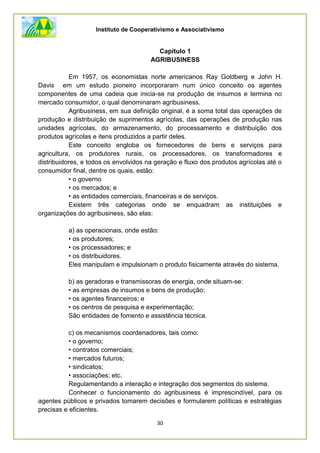 Instituto de Cooperativismo e Associativismo
30
Capítulo 1
AGRIBUSINESS
Em 1957, os economistas norte americanos Ray Goldberg e John H.
Davis em um estudo pioneiro incorporaram num único conceito os agentes
componentes de uma cadeia que inicia-se na produção de insumos e termina no
mercado consumidor, o qual denominaram agribusiness.
Agribusiness, em sua definição original, é a soma total das operações de
produção e distribuição de suprimentos agrícolas, das operações de produção nas
unidades agrícolas, do armazenamento, do processamento e distribuição dos
produtos agrícolas e itens produzidos a partir deles.
Este conceito engloba os fornecedores de bens e serviços para
agricultura, os produtores rurais, os processadores, os transformadores e
distribuidores, e todos os envolvidos na geração e fluxo dos produtos agrícolas até o
consumidor final, dentre os quais, estão:
• o governo
• os mercados; e
• as entidades comerciais, financeiras e de serviços.
Existem três categorias onde se enquadram as instituições e
organizações do agribusiness, são elas:
a) as operacionais, onde estão:
• os produtores;
• os processadores; e
• os distribuidores.
Eles manipulam e impulsionam o produto fisicamente através do sistema.
b) as geradoras e transmissoras de energia, onde situam-se:
• as empresas de insumos e bens de produção;
• os agentes financeiros; e
• os centros de pesquisa e experimentação;
São entidades de fomento e assistência técnica.
c) os mecanismos coordenadores, tais como:
• o governo;
• contratos comerciais;
• mercados futuros;
• sindicatos;
• associações; etc.
Regulamentando a interação e integração dos segmentos do sistema.
Conhecer o funcionamento do agribusiness é imprescindível, para os
agentes públicos e privados tomarem decisões e formularem políticas e estratégias
precisas e eficientes.
 