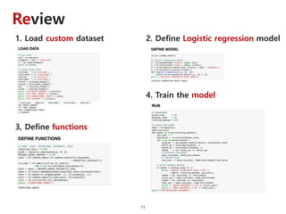 Review
11
1. Load custom dataset 2. Define Logistic regression model
3, Define functions
4. Train the model