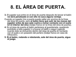8. EL ÁREA DE PUERTA. 3.  El jugador que entre en el área de puerta después de lanzar el balón  no será penalizado si con ello no saca alguna ventaja .  Cuando un jugador tira a puerta puede saltar por encima de la línea del área de puerta, pero  el balón tiene que salir de las manos del jugador antes de que este vuelva a tomar contacto con el suelo en el interior del área  (Golpe franco en la línea del área de puerta). 4.  En el área de puerta el balón pertenece al guardameta, quedando prohibido a todo jugador ir a buscar el balón o seguir jugando cuando éste se encuentre dentro del área de puerta en contacto con el suelo o en posesión del portero (Golpe franco en caso de infracción). 5. Si el balón, rodando o rebotando, sale del área de puerta, sigue el juego. 