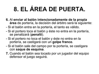 8. EL ÁREA DE PUERTA. 6.  Al  enviar al balón intencionadamente de la propia área  de portería, la decisión del árbitro será la siguiente: - Si el balón entra en la portería, el tanto es válido. - Si el portero toca el balón y éste no entra en la portería, se penalizará ( penalti ). - Si el portero no toca el balón y éste no entra en la portería, se castigará con un  golpe franco . - Si el balón sale del campo por la portería, se castigara con  saque de esquina . 7.  Cuando el balón sea tocado por un jugador del equipo defensor el juego seguirá. 