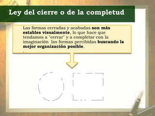 Ley del cierre o de la completud
Las formas cerradas y acabadas son más
estables visualmente, lo que hace que
tendamos a "cerrar" y a completar con la
imaginación las formas percibidas buscando la
mejor organización posible.
.