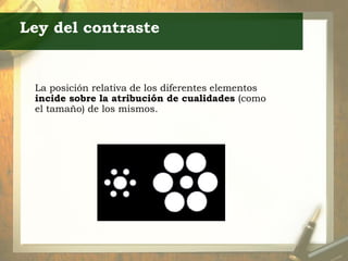 Ley del contraste
La posición relativa de los diferentes elementos
incide sobre la atribución de cualidades (como
el tamaño) de los mismos.