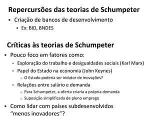  Criação de bancos de desenvolvimento
 Ex: BID, BNDES
Críticas às teorias de Schumpeter
 Pouco foco em fatores como:
• Exploração do trabalho e desigualdades sociais (Karl Marx)
• Papel do Estado na economia (John Keynes)
o O Estado poderia ser indutor de inovações?
• Relações entre salário e demanda
o Para Schumpeter, a oferta criaria a própria demanda
o Suposição simplificada de pleno emprego
 Como lidar com países subdesenvolvidos
“menos inovadores”?
Repercursões das teorias de Schumpeter
 