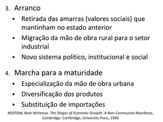 3. Arranco
 Retirada das amarras (valores sociais) que
mantinham no estado anterior
 Migração da mão de obra rural para o setor
industrial
 Novo sistema político, institucional e social
4. Marcha para a maturidade
 Especialização da mão de obra urbana
 Diversificação dos produtos
 Substituição de importações
ROSTOW, Walt Whitman. The Stages of Economic Growth: A Non-Communist Manifesto.
Cambridge: Cambridge, University Press, 1960
 