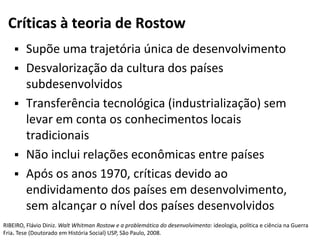 Críticas à teoria de Rostow
 Supõe uma trajetória única de desenvolvimento
 Desvalorização da cultura dos países
subdesenvolvidos
 Transferência tecnológica (industrialização) sem
levar em conta os conhecimentos locais
tradicionais
 Não inclui relações econômicas entre países
 Após os anos 1970, críticas devido ao
endividamento dos países em desenvolvimento,
sem alcançar o nível dos países desenvolvidos
RIBEIRO, Flávio Diniz. Walt Whitman Rostow e a problemática do desenvolvimento: ideologia, política e ciência na Guerra
Fria. Tese (Doutorado em História Social) USP, São Paulo, 2008.
 
