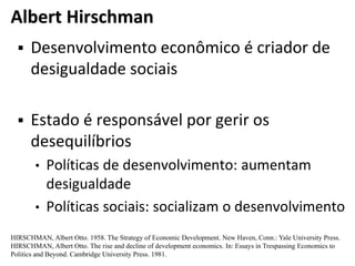 Albert Hirschman
 Desenvolvimento econômico é criador de
desigualdade sociais
 Estado é responsável por gerir os
desequilíbrios
• Políticas de desenvolvimento: aumentam
desigualdade
• Políticas sociais: socializam o desenvolvimento
HIRSCHMAN, Albert Otto. 1958. The Strategy of Economic Development. New Haven, Conn.: Yale University Press.
HIRSCHMAN, Albert Otto. The rise and decline of development economics. In: Essays in Trespassing Economics to
Politics and Beyond. Cambridge University Press. 1981.
 