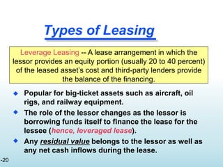 Types of Leasing


 Popular for big-ticket assets such as aircraft, oil
rigs, and railway equipment.
The role of the lessor changes as the lessor is
borrowing funds itself to finance the lease for the
lessee (hence, leveraged lease).
Any residual value belongs to the lessor as well as
any net cash inflows during the lease.
Leverage Leasing -- A lease arrangement in which the
lessor provides an equity portion (usually 20 to 40 percent)
of the leased asset’s cost and third-party lenders provide
the balance of the financing.
-20
 