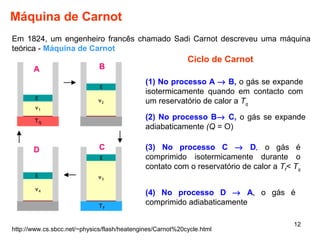 Máquina de Carnot 
Em 1824, um engenheiro francês chamado Sadi Carnot descreveu uma máquina 
teórica - Máquina de Carnot 
Ciclo de Carnot 
(1) No processo A ® B, o gás se expande 
isotermicamente quando em contacto com 
um reservatório de calor a Tq 
(2) No processo B® C, o gás se expande 
adiabaticamente (Q = O) 
(3) No processo C ® D, o gás é 
comprimido isotermicamente durante o 
contato com o reservatório de calor a Tf< Tq 
(4) No processo D ® A, o gás é 
comprimido adiabaticamente 
12 
A B 
D C 
http://www.cs.sbcc.net/~physics/flash/heatengines/Carnot%20cycle.html 
 