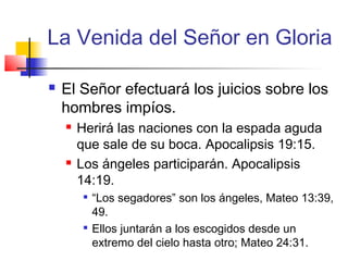 La Venida del Señor en Gloria
 El Señor efectuará los juicios sobre los
hombres impíos.
 Herirá las naciones con la espada aguda
que sale de su boca. Apocalipsis 19:15.
 Los ángeles participarán. Apocalipsis
14:19.

“Los segadores” son los ángeles, Mateo 13:39,
49.

Ellos juntarán a los escogidos desde un
extremo del cielo hasta otro; Mateo 24:31.
 