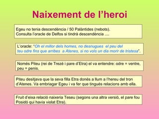 Naixement de l’heroi Egeu no tenia descendència / 50 Palàntides (nebots).  Consulta l’oracle de Delfos si tindrà descendència .... L’oracle: “ Oh el millor dels homes, no desnugues  el peu del teu odre fins que arribes  a Atenes, si no vols un dia morir de tristesa ”.  Només Piteu (rei de Trezé i pare d’Etra) el va entendre: odre = ventre, peu = penis.  Piteu desitjava que la seva filla Etra donés a llum a l’hereu del tron  d’Atenes. Va embriagar Egeu i va fer que tingués relacions amb ella. Fruit d’eixa relació naixeria Teseu (segons una altra versió, el pare fou  Posidó qui havia violat Etra). 