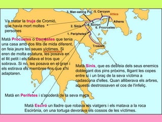 Matà en  Perifetes  i s'apoderà de la seva maça Matà  Sinis , que es desfeia dels seus enemics doblegant dos pins pròxims, lligant les copes entre si i un braç de la seva víctima a cadascuna d'elles. Quan alliberava els arbres, aquests destrossaven el cos de l'infeliç. Va matar la  truja  de Cromió, que havia mort moltes persones Matà  Esciró  un lladre que robava els viatgers i els matava a la roca Escirònia, on una tortuga devorava els cossos de les víctimes.  Matà  Procustes  o  Damastes  que tenia una casa amb dos llits de mida diferent, on feia jeure les seues víctimes. Si eren de molta estatura, les posava en el llit petit i els tallava el tros que sobrava. Si no, les posava en el gran i els estirava els membres fins que s'hi adaptaren.  