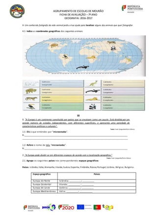 AGRUPAMENTO DE ESCOLAS DE MOURÃO
FICHA DE AVALIAÇÃO – 7º ANO
GEOGRAFIA: 2016-2017
4- Um conhecido fotógrafo da vida animal pediu a tua ajuda para localizar alguns dos animais que quer fotografar.
4.1- Indica as coordenadas geográficas dos seguintes animais:
III
1. “A Europa é um continente constituído por países que se encaixam como um puzzle. Está dividida por um
grande número de estados independentes, com diferentes superfícies, e apresenta uma variedade de
características políticas e culturais”.
Fonte: Fazer Geografia/Porto Editora
1.1- Diz o que entendes por “microestados”.
R:_______________________________________________________________________________________
_________________________________________________________________________________________
1.2- Refere o nome de três “microestados”.
R:_______________________________________________________________________________________
2. “A Europa pode dividir-se em diferentes espaços de acordo com a localização geográfica.”
Fonte: Fazer Geografia/Porto Editora
2.1. Agrupa os seguintes países nos correspondentes espaços geográficos:
Países: Islândia;Itália;Alemanha;Irlanda;Suécia;Espanha;Finlândia;Rússia; Portugal;Ucrânia; Bélgica; Bulgária.
Espaço geográfico Países
Europa do Norte Islândia; __________; __________
Europa Ocidental Irlanda; __________ ; __________
Europa de Leste Ucrânia; __________; __________
Europa Mediterrânea Itália; __________; ___________
 