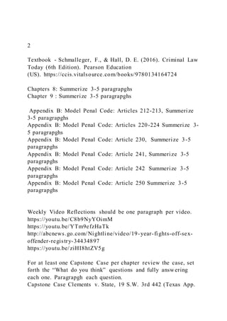 2
Textbook - Schmalleger, F., & Hall, D. E. (2016). Criminal Law
Today (6th Edition). Pearson Education
(US). https://ccis.vitalsource.com/books/9780134164724
Chapters 8: Summerize 3-5 paragrapghs
Chapter 9 : Summerize 3-5 paragrapghs
Appendix B: Model Penal Code: Articles 212-213, Summerize
3-5 paragrapghs
Appendix B: Model Penal Code: Articles 220-224 Summerize 3-
5 paragrapghs
Appendix B: Model Penal Code: Article 230, Summerize 3-5
paragrapghs
Appendix B: Model Penal Code: Article 241, Summerize 3-5
paragrapghs
Appendix B: Model Penal Code: Article 242 Summerize 3-5
paragrapghs
Appendix B: Model Penal Code: Article 250 Summerize 3-5
paragrapghs
Weekly Video Reflections should be one paragraph per video.
https://youtu.be/C8b9NyYOimM
https://youtu.be/YTm9efzHaTk
http://abcnews.go.com/Nightline/video/19-year-fights-off-sex-
offender-registry-34434897
https://youtu.be/ziHI8htZV5g
For at least one Capstone Case per chapter review the case, set
forth the “What do you think” questions and fully answ ering
each one. Paragrapgh each question.
Capstone Case Clements v. State, 19 S.W. 3rd 442 (Texas App.
 